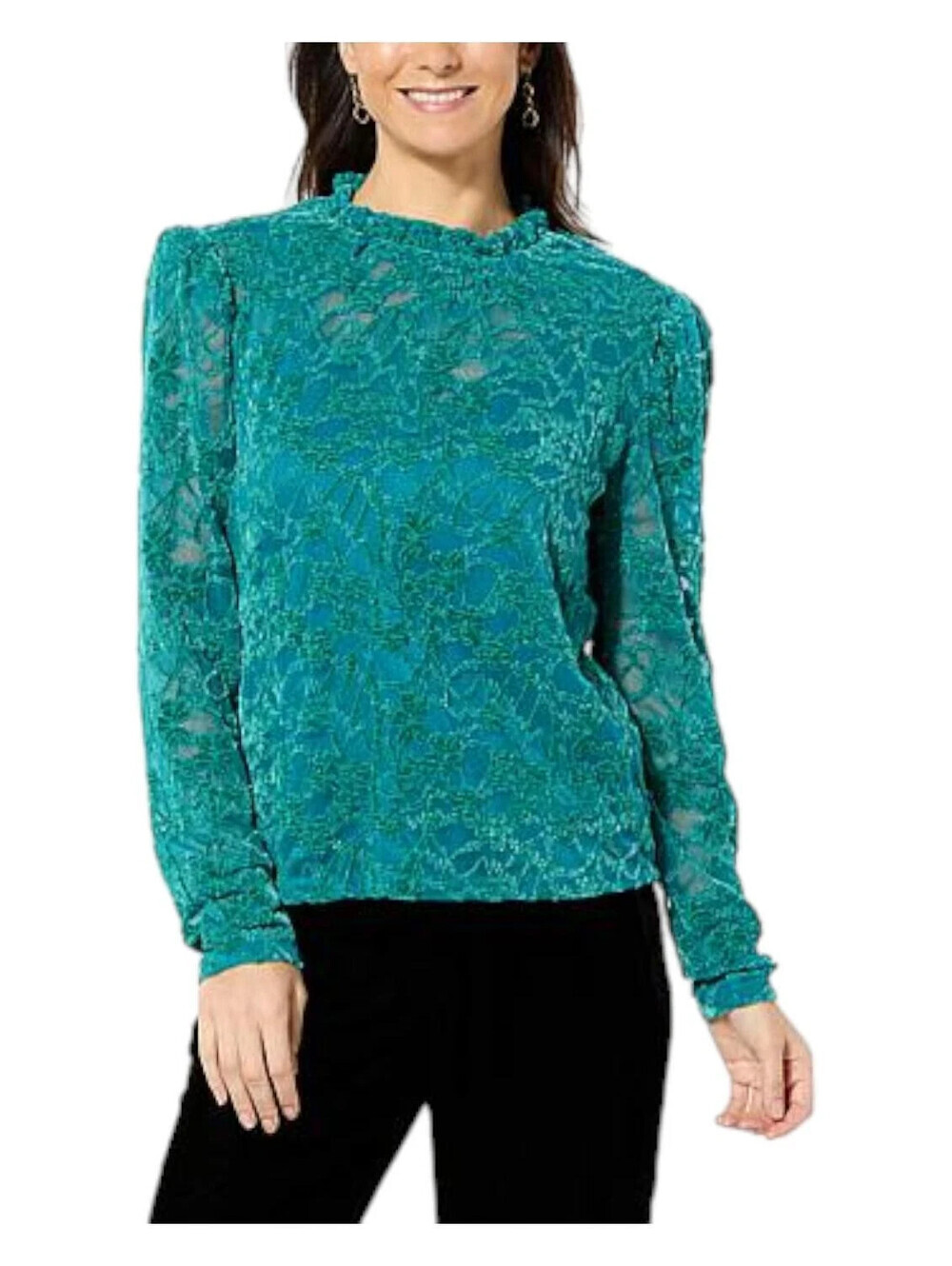 G by Giuliana Black Label Lace Blouse Womens XXS Teal Green Mock Neck Top Keyhol